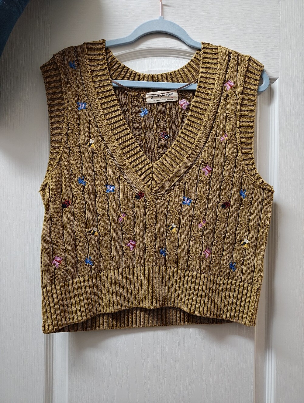 Free People Olive Green Cable Knit V-Neck Embroidered Sweater Vest